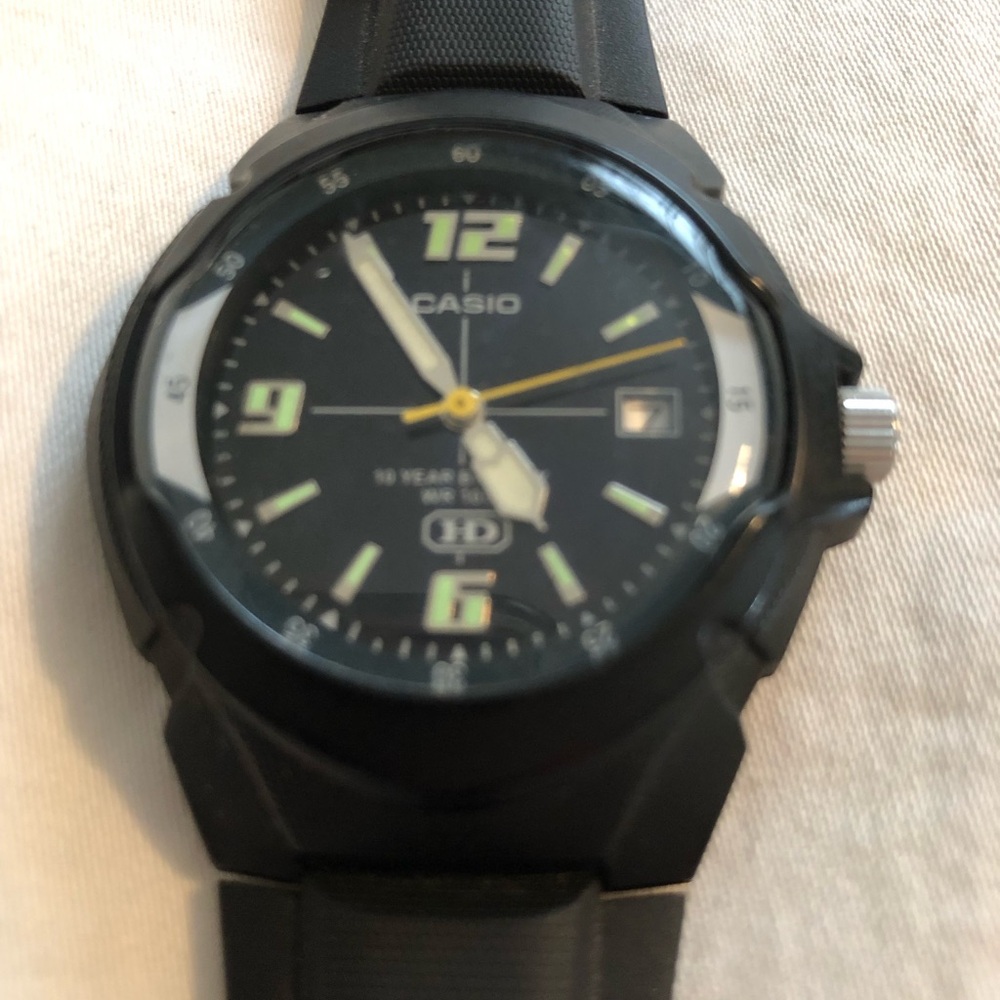 Casio Black Watch with Yellow Second Hand and Green Lume